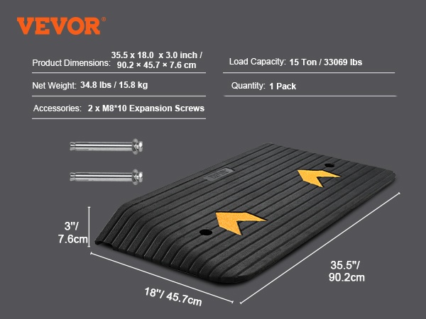 VEVOR rubber threshold ramp, 35.5 x 18 x 3 inch, 15 ton load capacity, includes 2 expansion screws.