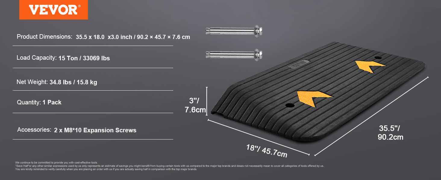 VEVOR rubber threshold ramp, 35.5 x 18 x 3 inch, 15 ton load capacity, includes 2 expansion screws.