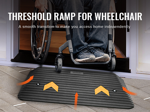 wheelchair accessing home over VEVOR rubber threshold ramp for smooth entry.