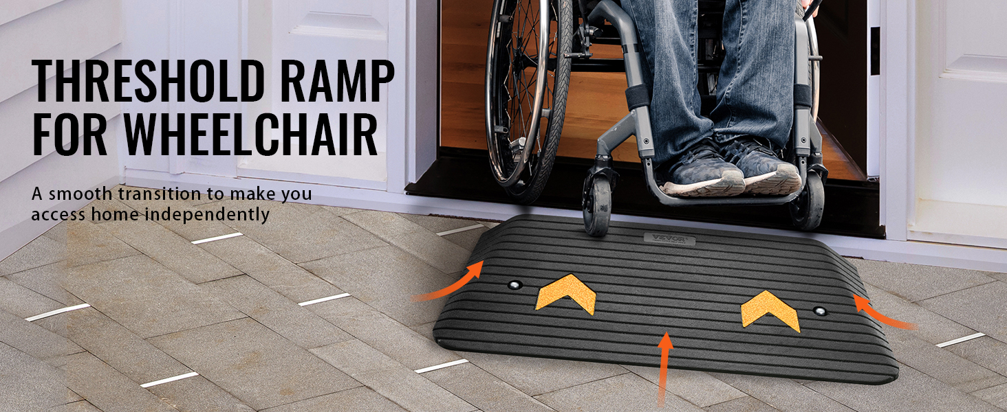 wheelchair accessing home over VEVOR rubber threshold ramp for smooth entry.