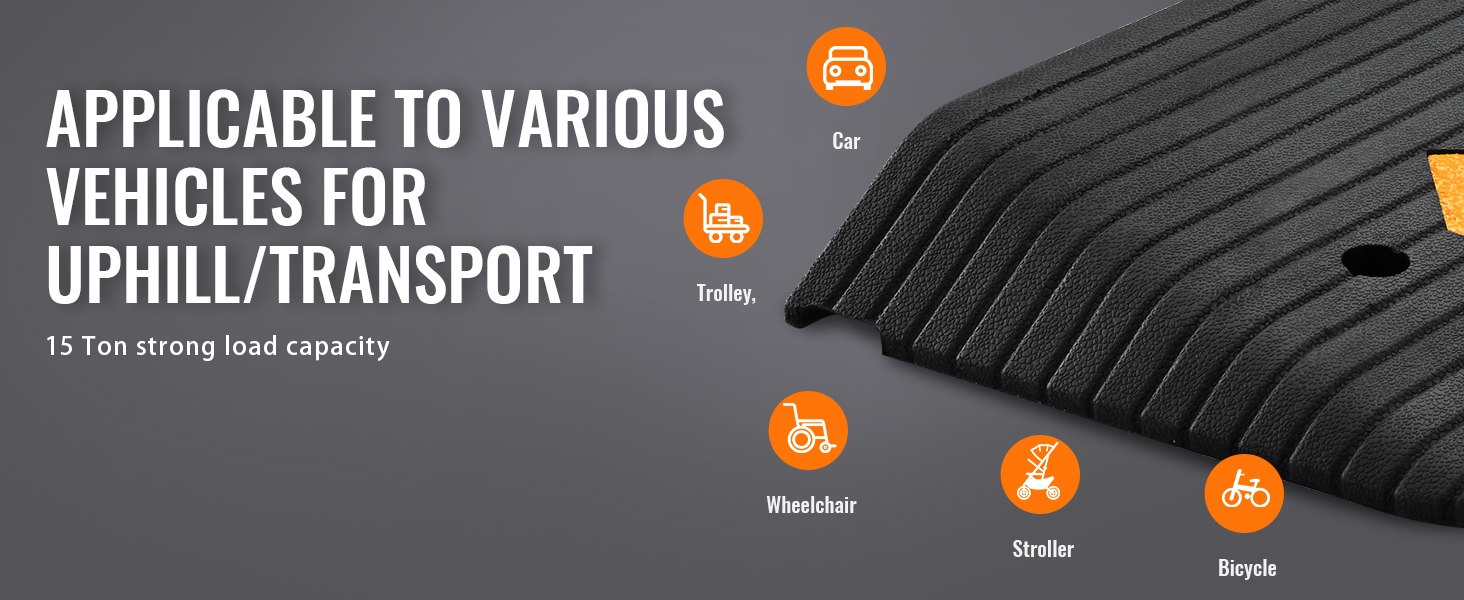 VEVOR rubber threshold ramp for various vehicles like cars, strollers, wheelchairs, and bicycles.