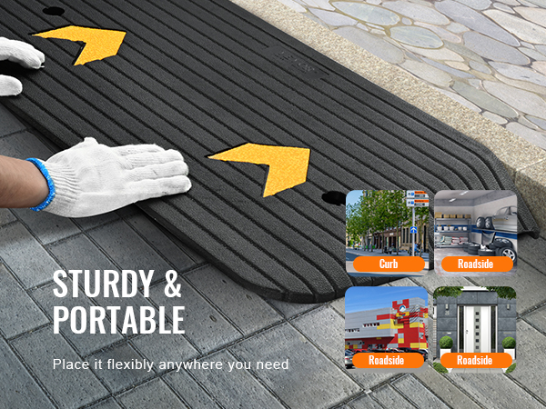 VEVOR rubber threshold ramp being placed, suitable for curb, garage, supermarket, and doorstep use.