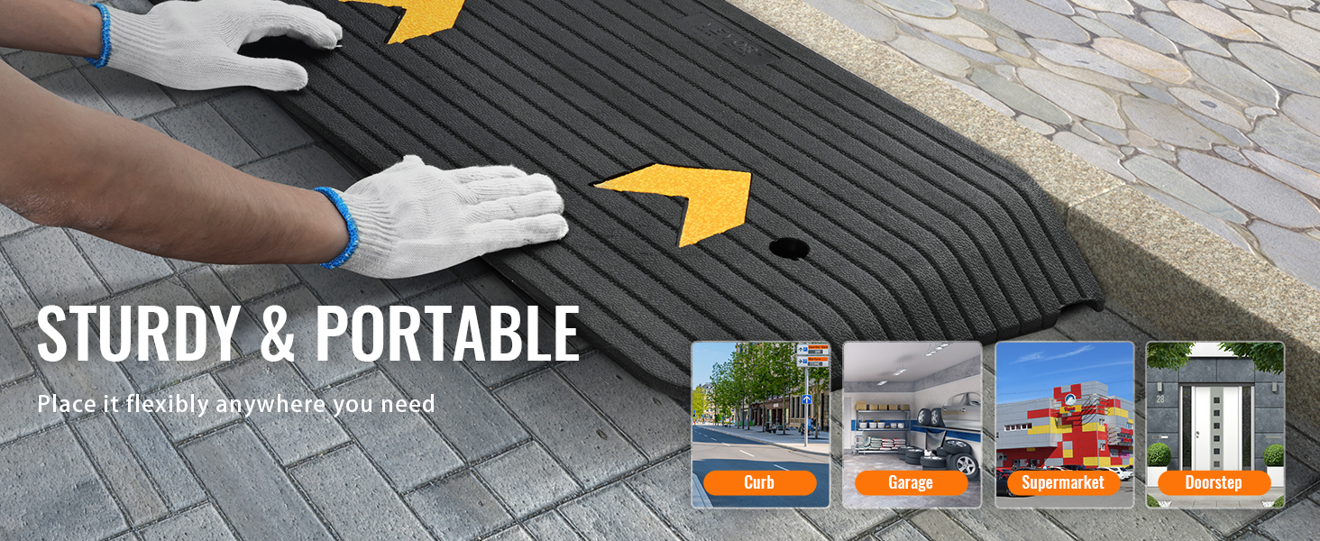 VEVOR rubber threshold ramp being placed, suitable for curb, garage, supermarket, and doorstep use.