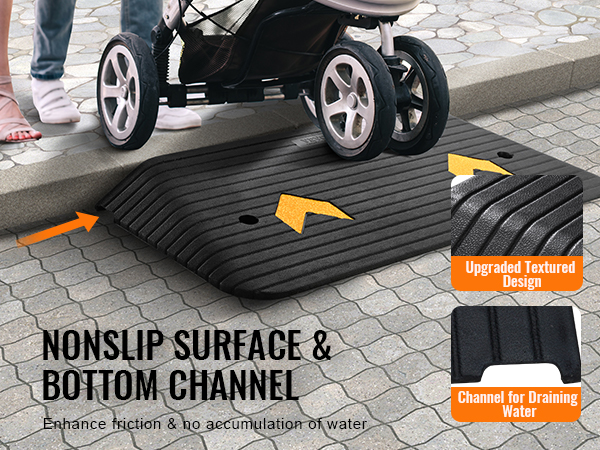 VEVOR rubber threshold ramp with nonslip surface, bottom channel, and textured design under stroller.