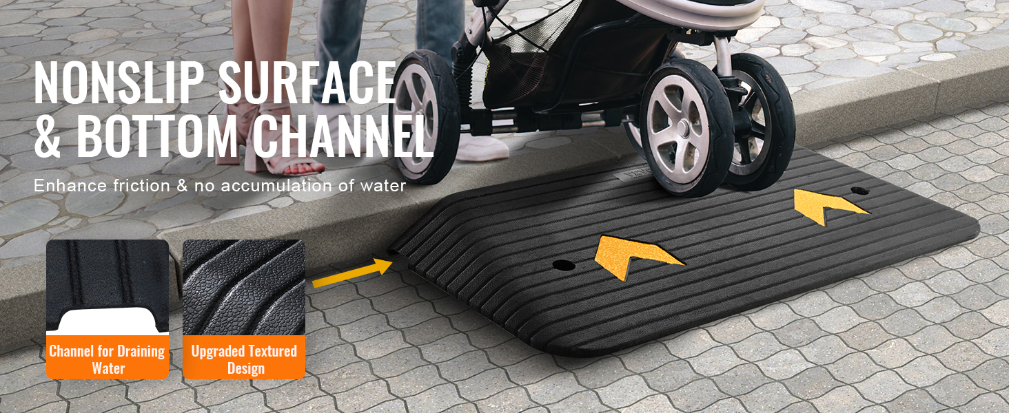 VEVOR rubber threshold ramp with nonslip surface, bottom channel, and textured design under stroller.