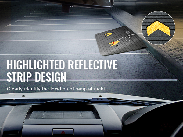 highlighted reflective strip on VEVOR rubber threshold ramp in a parking lot at night for visibility.