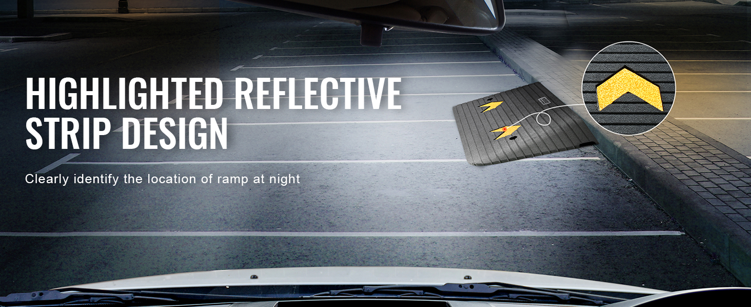 highlighted reflective strip on VEVOR rubber threshold ramp in a parking lot at night for visibility.