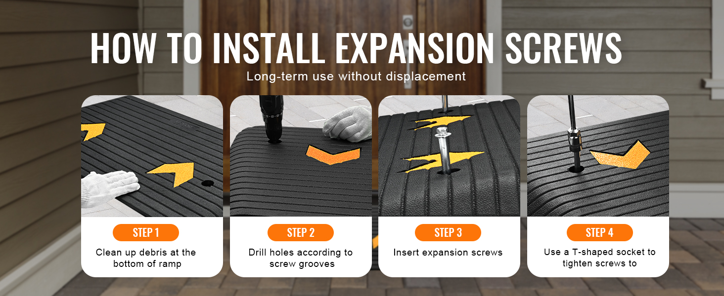 how to install expansion screws on VEVOR rubber threshold ramp: clean, drill, insert, tighten.