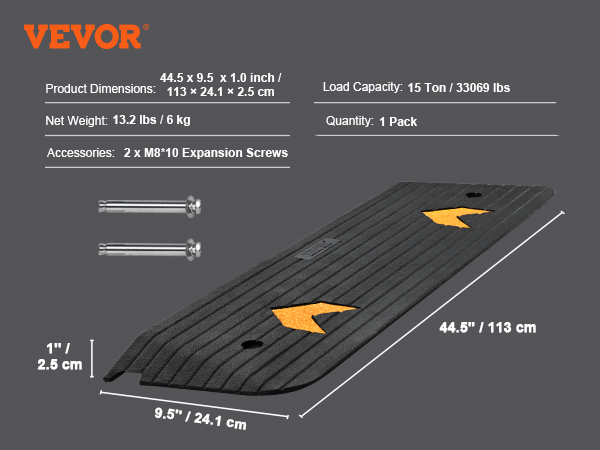 VEVOR rubber threshold ramp, 44.5x9.5x1.0 inch, 15 ton load, includes m8 expansion screws.