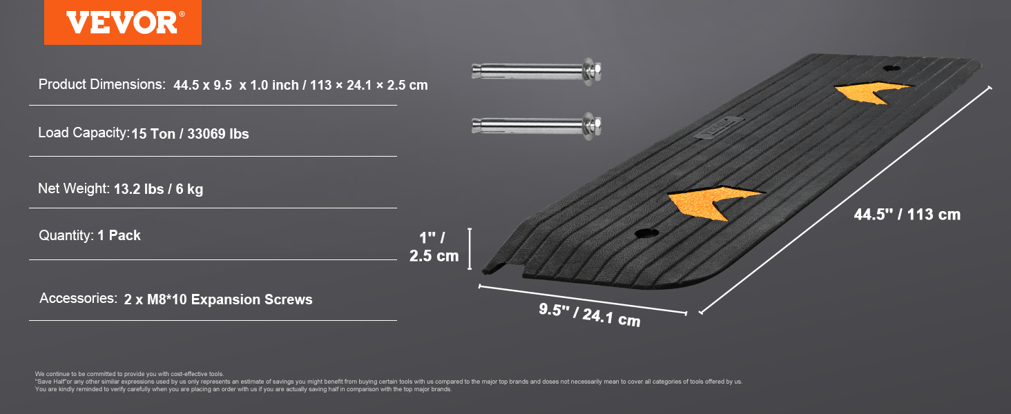 VEVOR rubber threshold ramp, 44.5x9.5x1.0 inch, 15 ton load, includes m8 expansion screws.