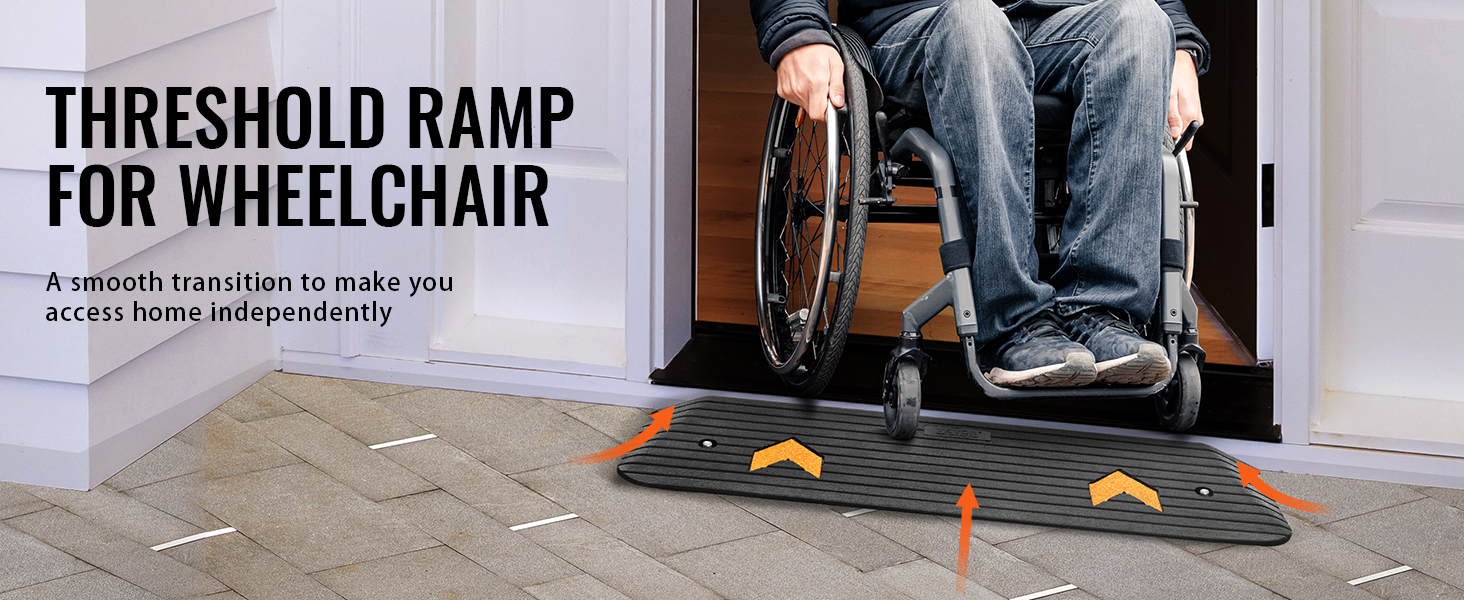 VEVOR rubber threshold ramp enabling wheelchair user to smoothly transition over doorway threshold.