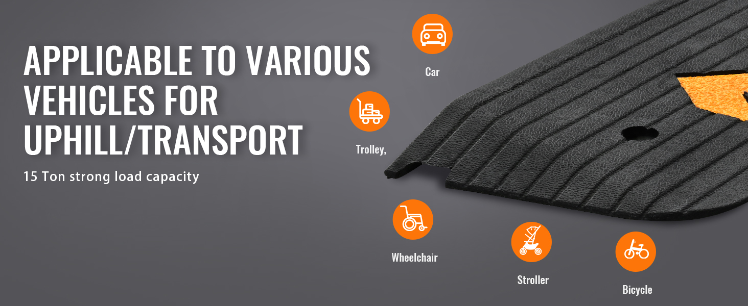VEVOR rubber threshold ramp with 15 ton load capacity for car, trolley, wheelchair, stroller, bicycle.