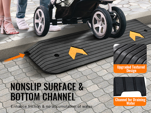 VEVOR rubber threshold ramp with nonslip surface and bottom channel for drainage, enhances friction.