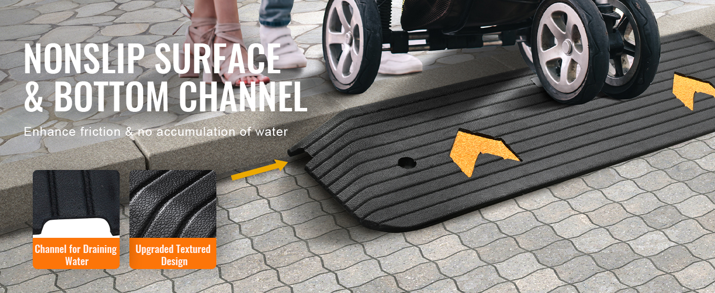 VEVOR rubber threshold ramp with nonslip surface and bottom channel for drainage, enhances friction.