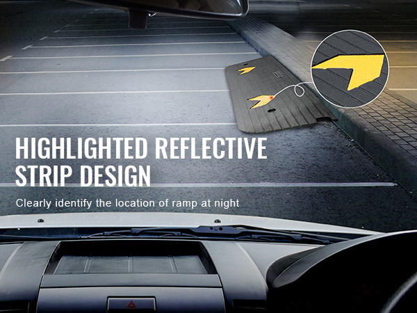 VEVOR rubber threshold ramp with highlighted reflective strip design for night visibility in a parking lot.
