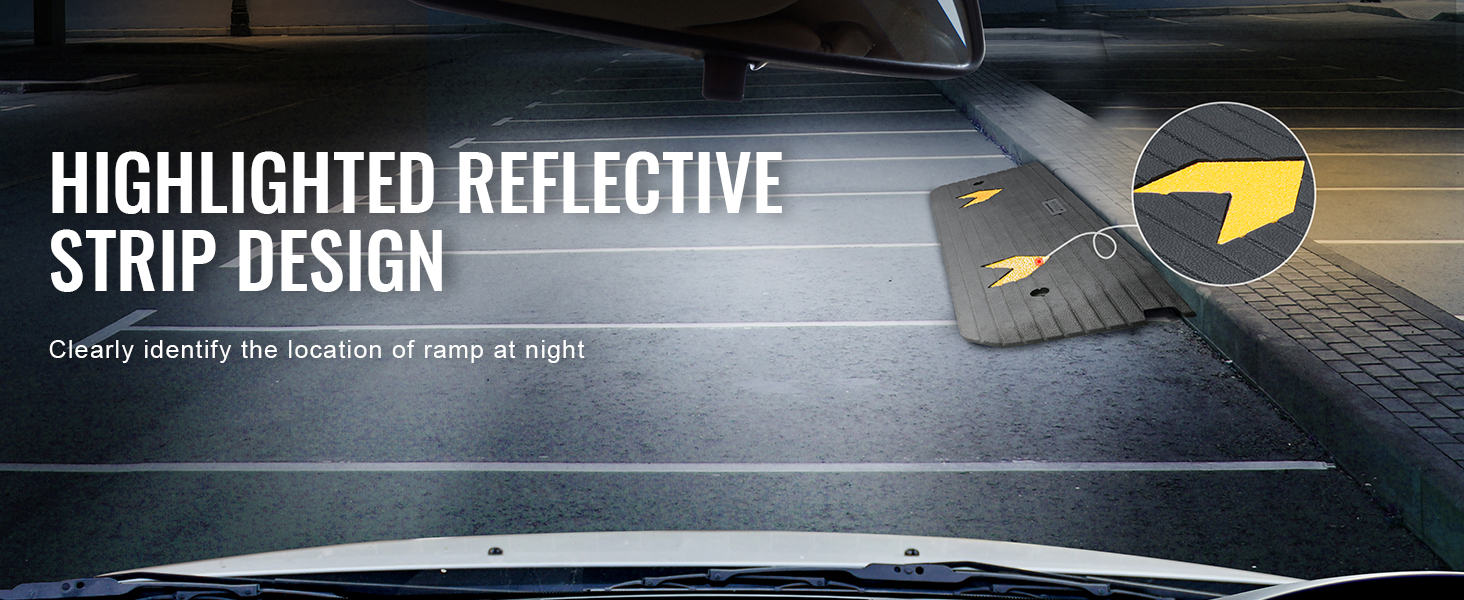 VEVOR rubber threshold ramp with highlighted reflective strip design for night visibility in a parking lot.