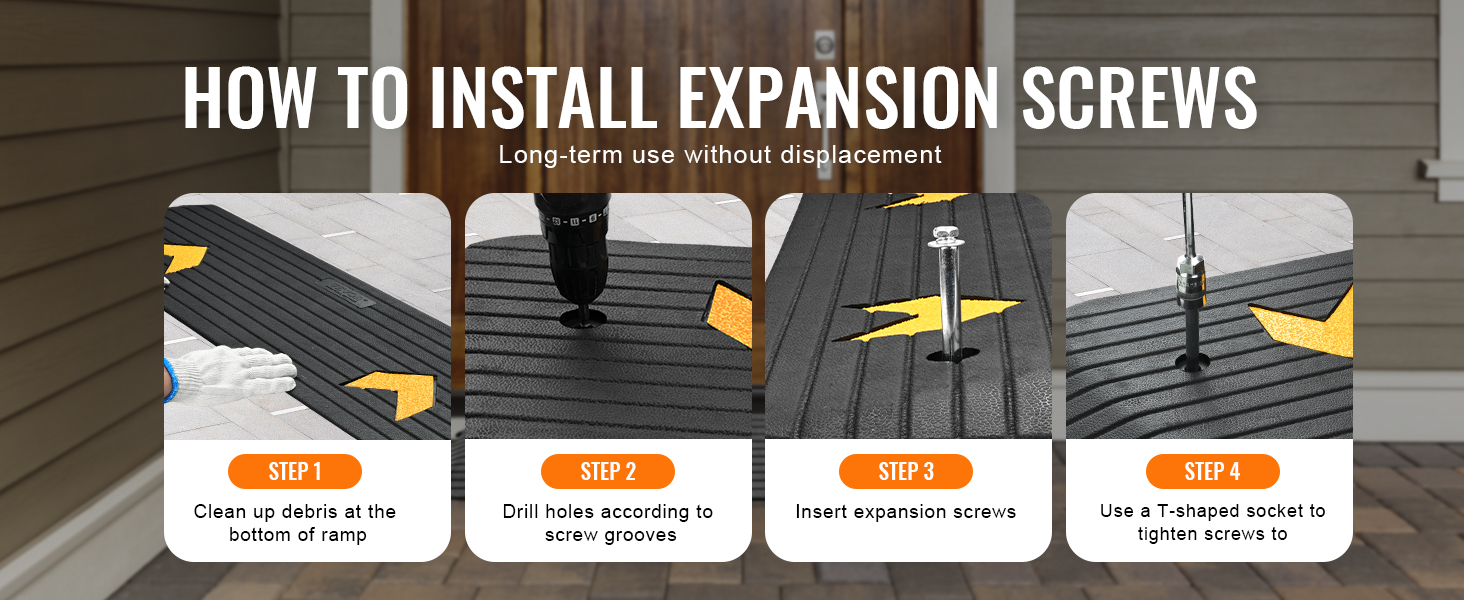 installing VEVOR rubber threshold ramp: clean debris, drill holes, insert screws, tighten with t-shaped socket.