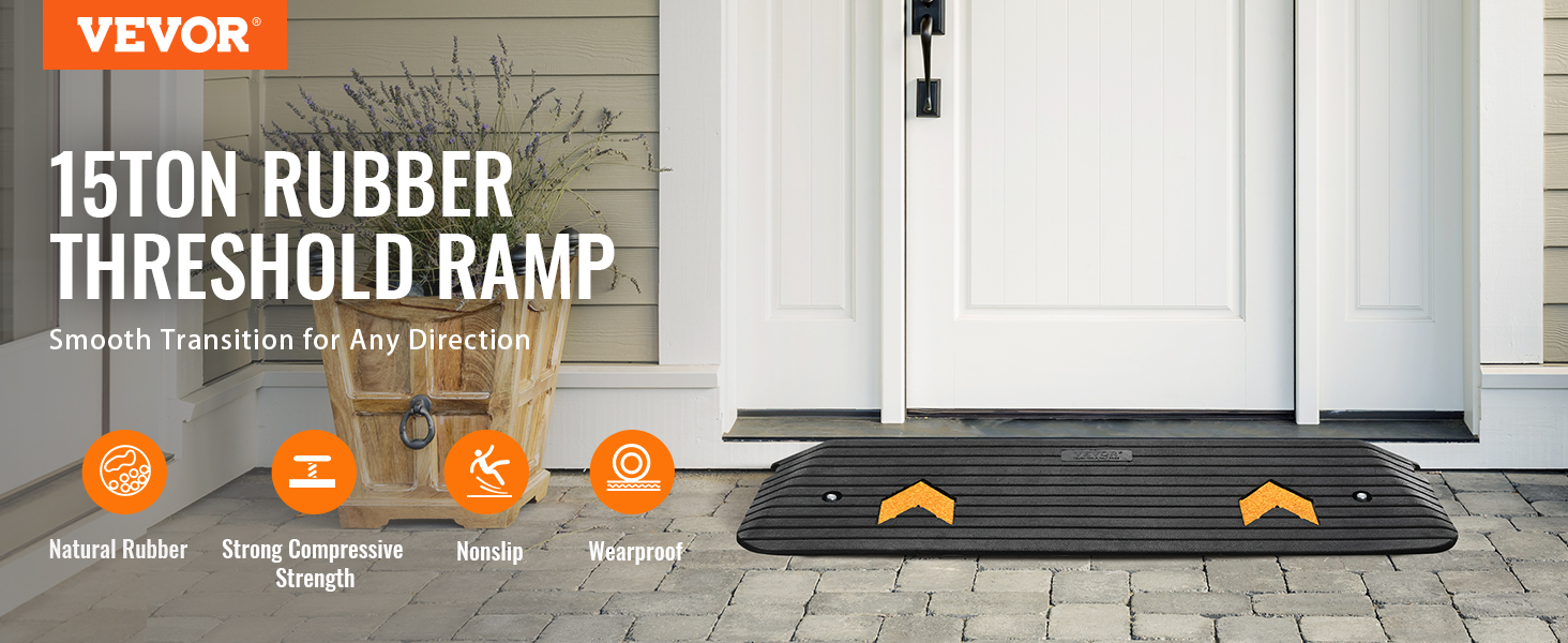 VEVOR rubber threshold ramp at a doorway, showcasing durability and nonslip features.
