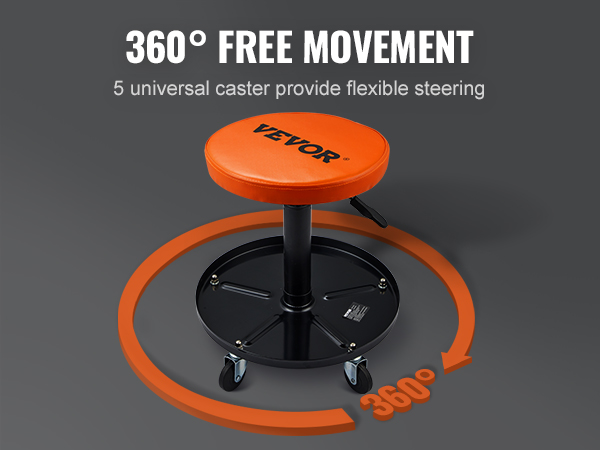 VEVOR mechanics creeper seat, orange padded seat, 5 caster wheels for 360° flexible movement.