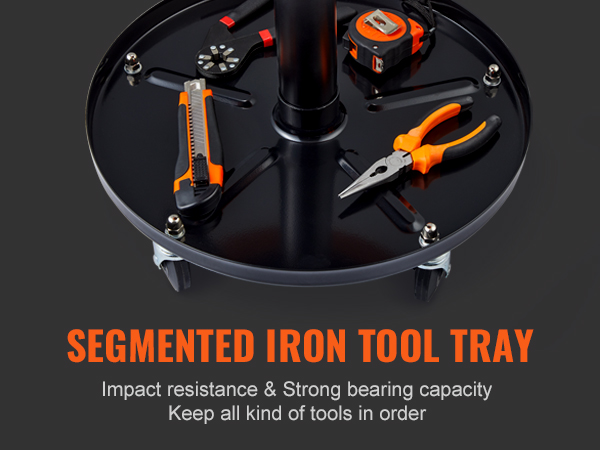 segmented iron tool tray with tools on VEVOR mechanics creeper seat, impact resistant and strong.