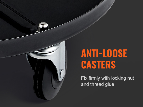 anti-loose casters of VEVOR mechanics creeper seat with locking nut and thread glue for stability.