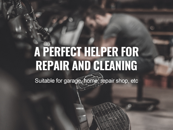 man repairing a vehicle in a garage using VEVOR mechanics creeper seat, shelves in the background.