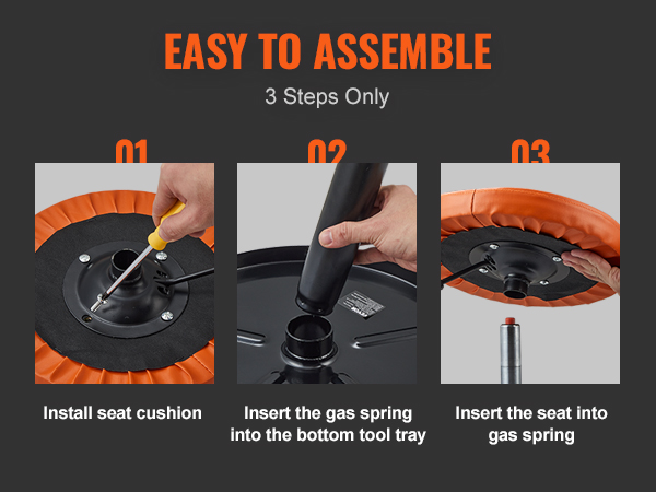 easy assembly steps for VEVOR mechanics creeper seat: install seat cushion, insert gas spring, attach seat.