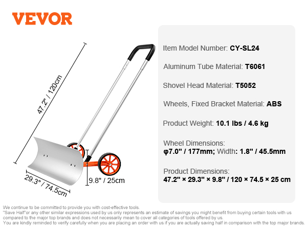 VEVOR snow shovel with model cy-sl24, aluminum handle, abs wheels, 47.2x29.3x9.8 inches.
