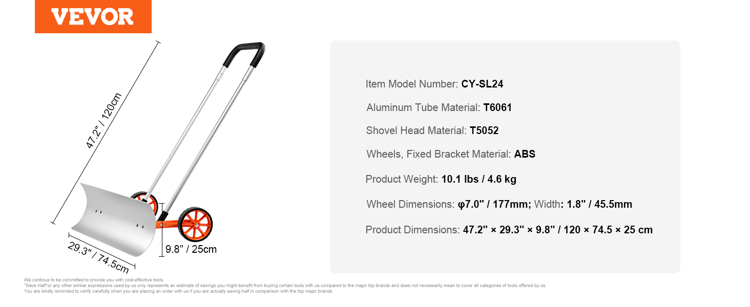 VEVOR snow shovel with model cy-sl24, aluminum handle, abs wheels, 47.2x29.3x9.8 inches.
