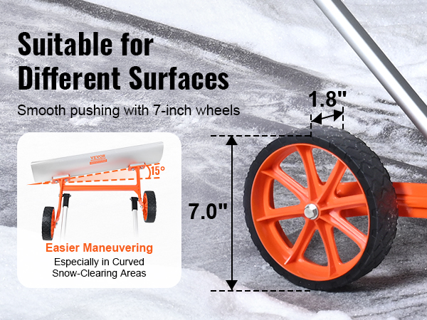VEVOR snow shovel with 7-inch wheels for smooth pushing on different surfaces. easier maneuvering with 15° angle.