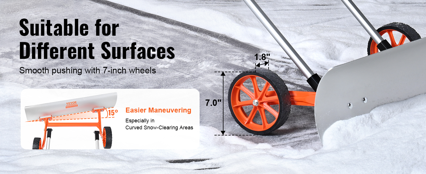 VEVOR snow shovel with 7-inch wheels for smooth pushing on different surfaces. easier maneuvering with 15° angle.