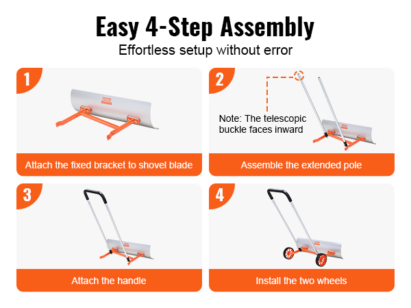 easy 4-step VEVOR snow shovel assembly: attach bracket, assemble pole, attach handle, install wheels.