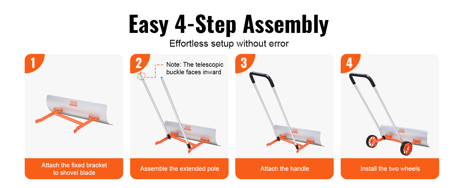 easy 4-step VEVOR snow shovel assembly: attach bracket, assemble pole, attach handle, install wheels.