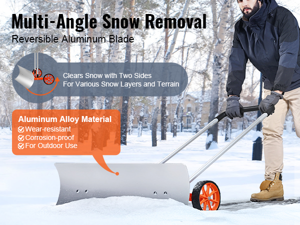 multi-angle snow removal with VEVOR snow shovel featuring a reversible aluminum blade and orange wheels.