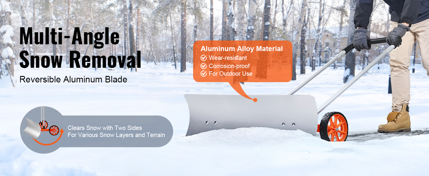 multi-angle snow removal with VEVOR snow shovel featuring a reversible aluminum blade and orange wheels.