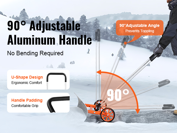 man using VEVOR snow shovel with 90° adjustable aluminum handle in snowy landscape. no bending required.