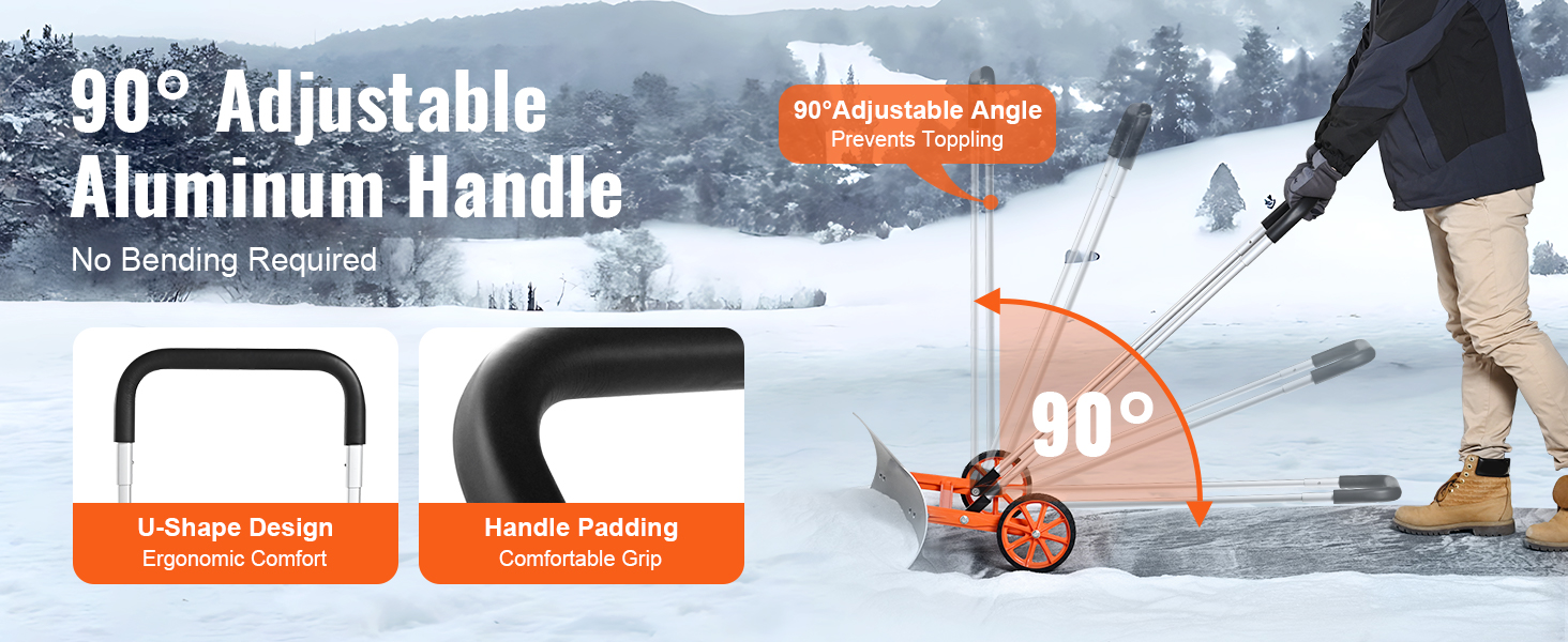 man using VEVOR snow shovel with 90° adjustable aluminum handle in snowy landscape. no bending required.