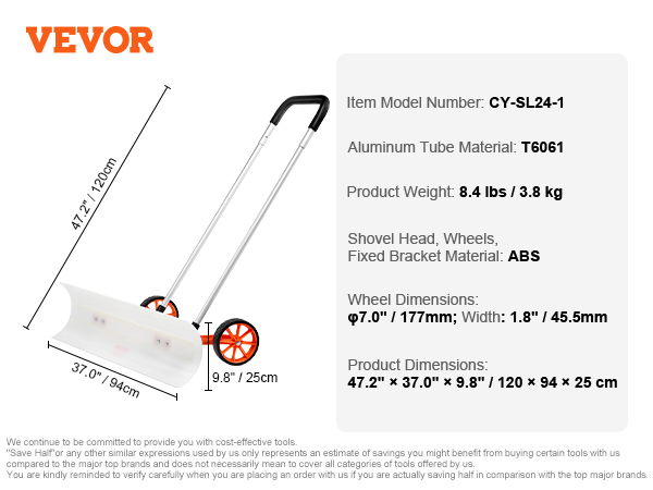 VEVOR snow shovel, 47.2" handle, 37" blade, aluminum tube, 7" abs wheels, 8.4 lbs.