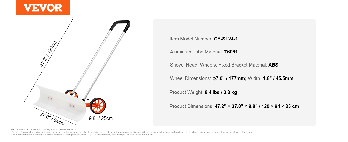 VEVOR snow shovel, 47.2" handle, 37" blade, aluminum tube, 7" abs wheels, 8.4 lbs.