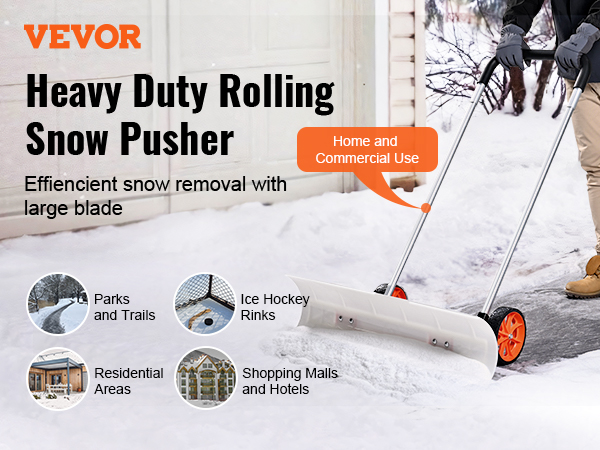 VEVOR snow shovel in use for home and commercial snow removal on paths and driveways.