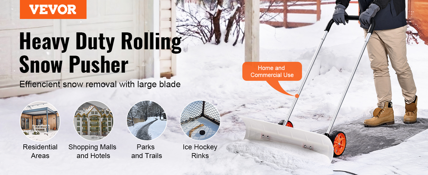 VEVOR snow shovel in use for home and commercial snow removal on paths and driveways.