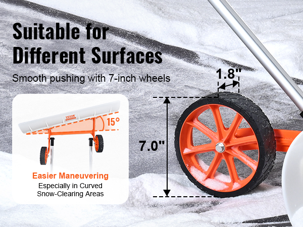 VEVOR snow shovel with 7-inch wheels, smooth pushing on different surfaces, easy maneuvers.