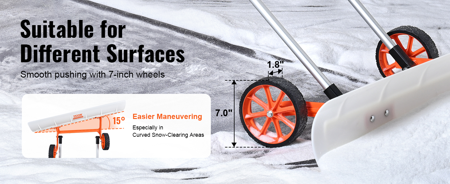 VEVOR snow shovel with 7-inch wheels, smooth pushing on different surfaces, easy maneuvers.