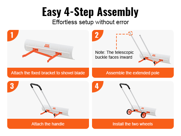 easy 4-step assembly guide for the VEVOR snow shovel: attach bracket, assemble pole, attach handle, add wheels.