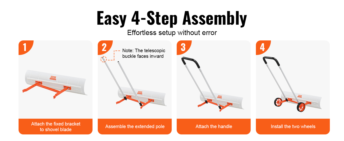 easy 4-step assembly guide for the VEVOR snow shovel: attach bracket, assemble pole, attach handle, add wheels.