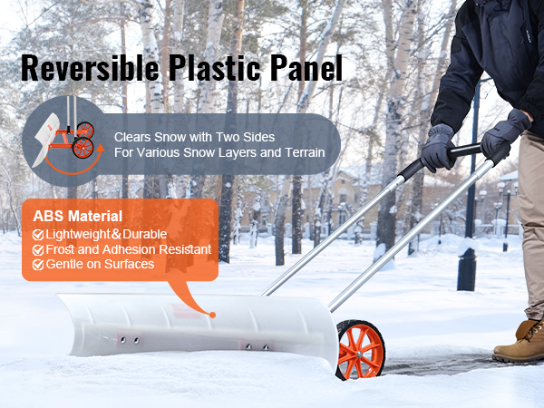 VEVOR snow shovel with reversible abs plastic panel, lightweight, frost-resistant, easy to use on snow.
