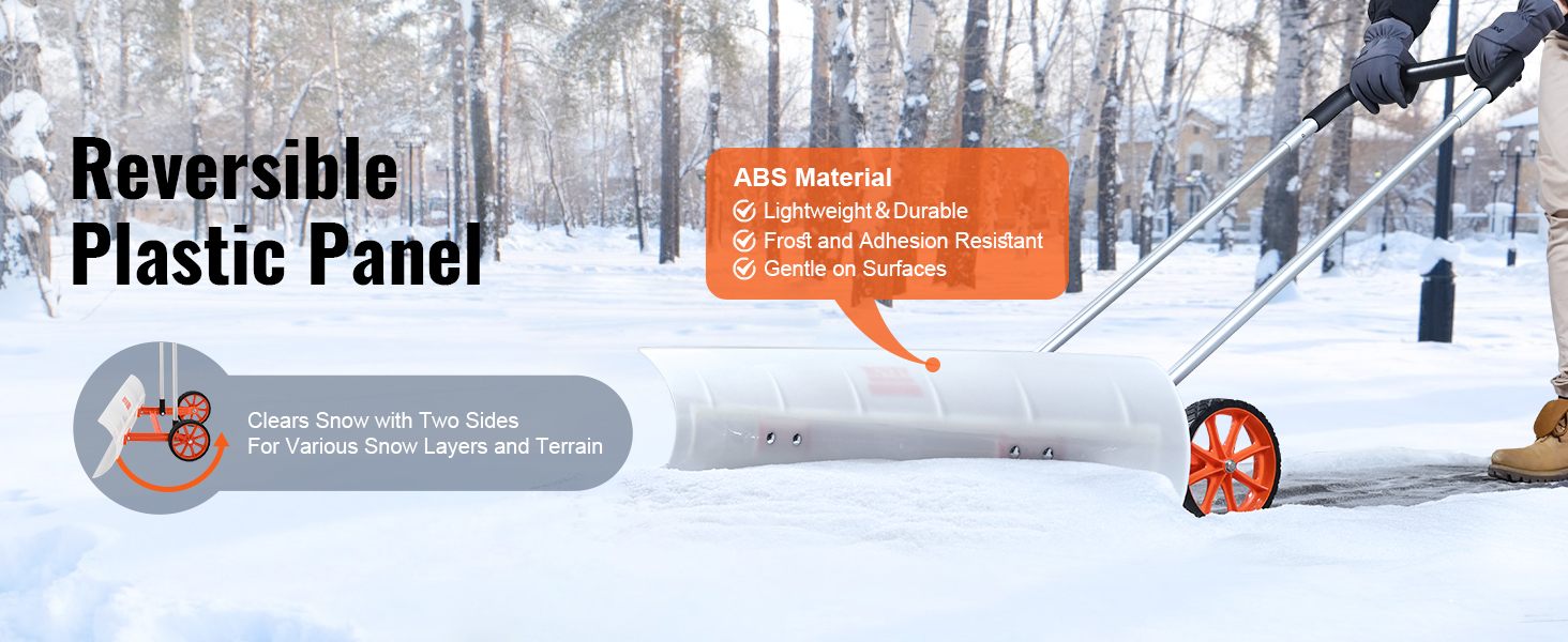 VEVOR snow shovel with reversible abs plastic panel, lightweight, frost-resistant, easy to use on snow.