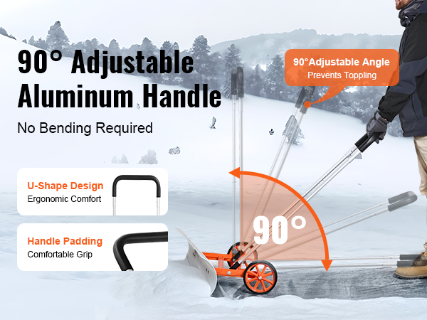 VEVOR snow shovel with 90-degree adjustable aluminum handle, u-shape design, and handle padding.