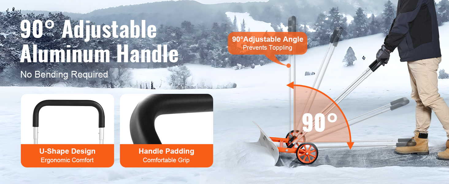 VEVOR snow shovel with 90-degree adjustable aluminum handle, u-shape design, and handle padding.