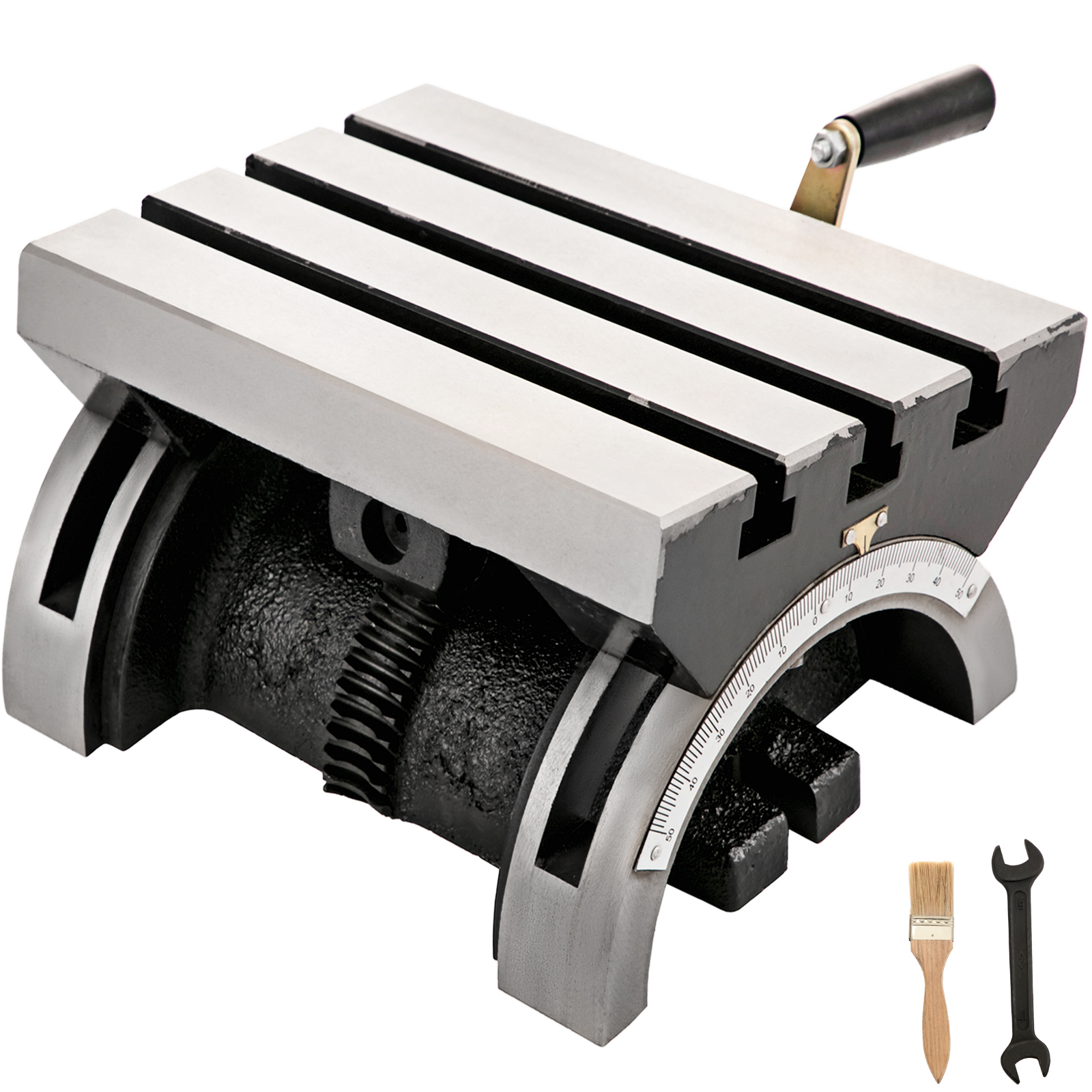 VEVOR tilting milling machine with adjustable angle base and accessory tools.